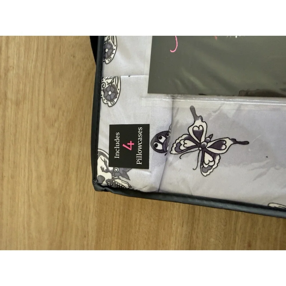 Ed Hardy Queen 6 Piece Double Brushed Sheet Set Lavender Gray Butterfly NWT